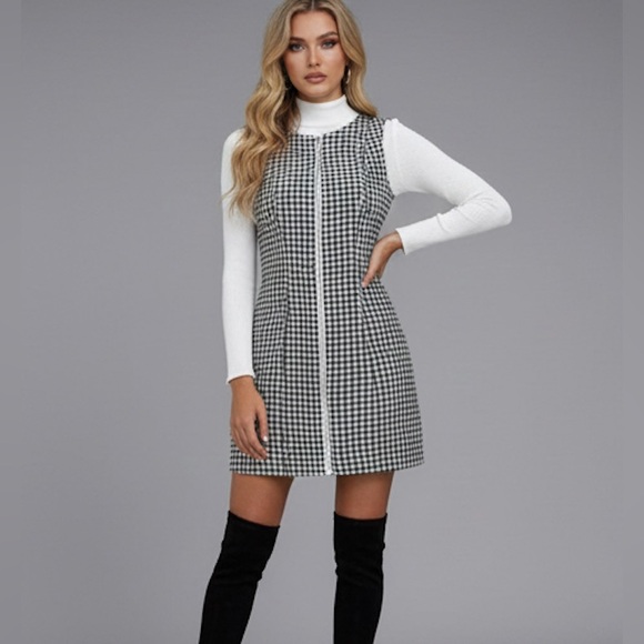 Houndstooth Print Zip Up Sleeveless Dress Without Sweater - Picture 1 of 9